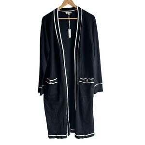 Essentials Milano Long Open Front Cardigan Duster Sweater Black White Gold